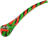 PieceMaker Konjuror Silicone Pipe in Rasta colors, 12" length, with steel bowl, angled side view
