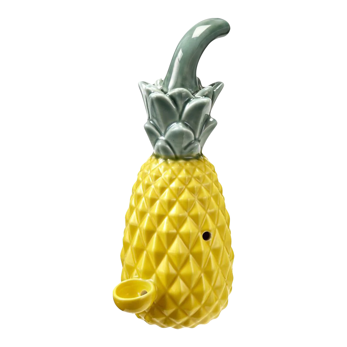 Yellow Pineapple Ceramic Hand Pipe, Spoon Design, 8" Size, Side View for Dry Herbs