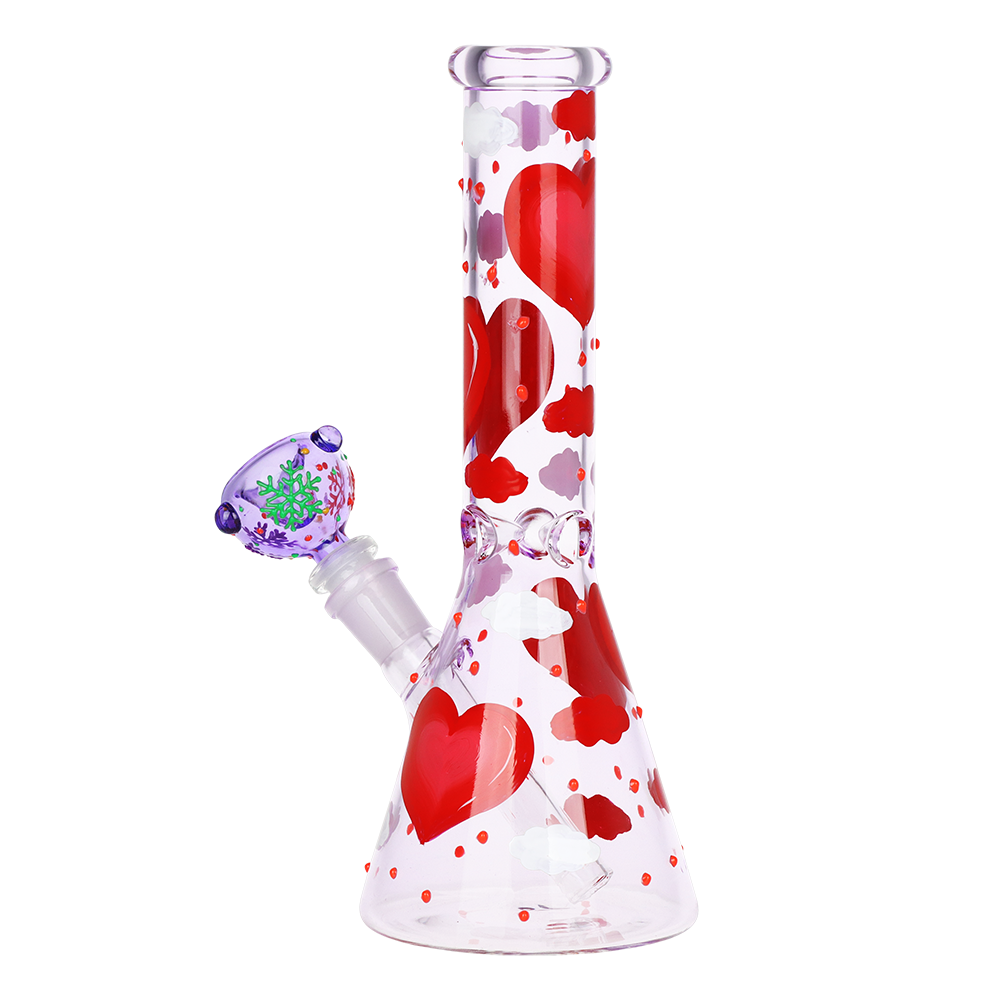 Pinky Hearts Beaker Glass Water Pipe | 10" | 14mm F