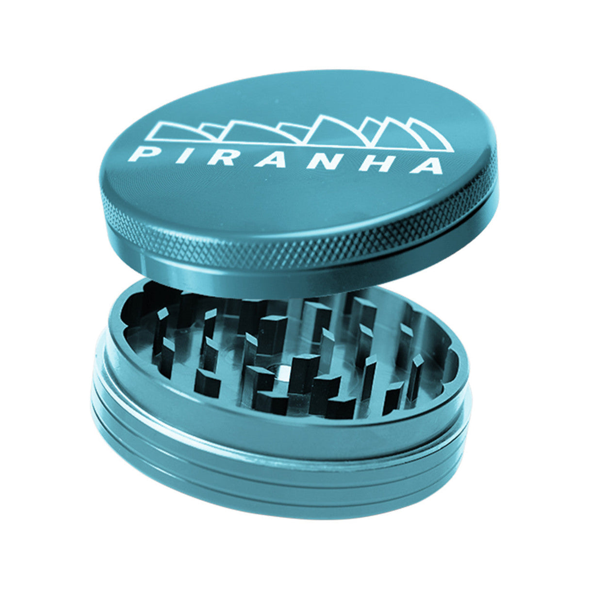 Piranha 2.2" 2 Piece Grinder in Teal, Open View Showing Sharp Teeth
