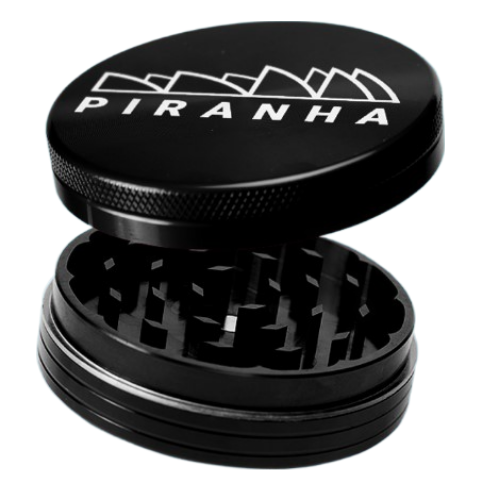 Piranha 2 Piece 2.2" Aluminum Grinder in Black, Top View with Open Lid