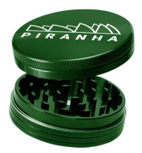 Piranha 2.5" Green Aluminum 2-Piece Grinder, Open View Showing Sharp Teeth