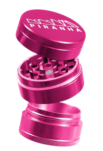 Piranha 3 Piece 2.0" Pink Aluminum Grinder, Medium Size, Angled View with Open Compartments