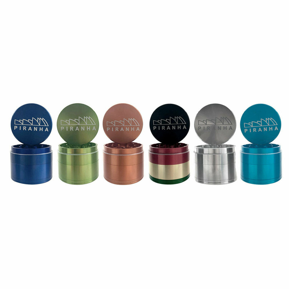 Assorted Piranha 4 Piece 2.2" Aluminum Grinders in multiple colors displayed in a row