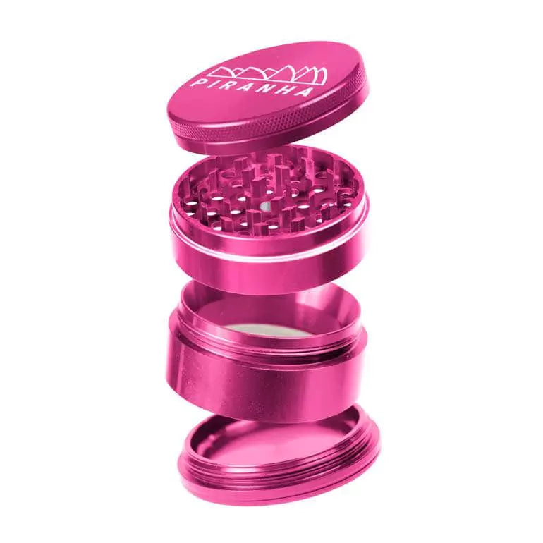 Piranha 4 Piece Grinder in Pink Aluminum, 2.2" Diameter, Open View Showing All Parts