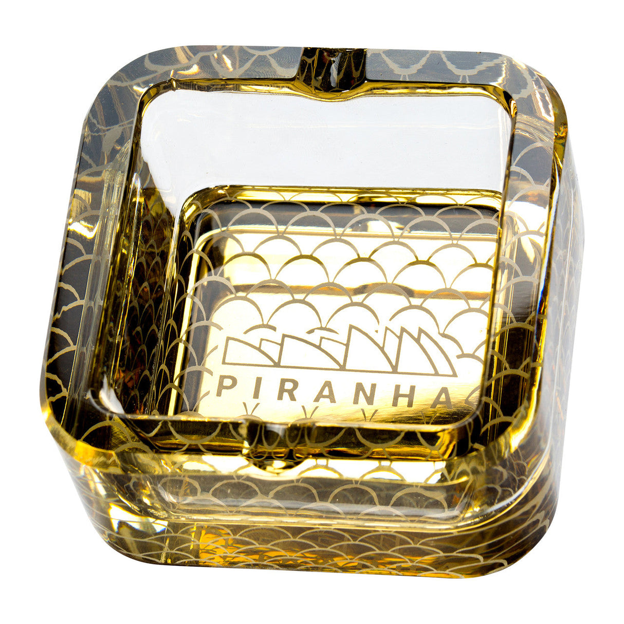 Piranha Glass Cube Ashtray with Gold Scales Pattern, Heavy Wall Borosilicate Glass