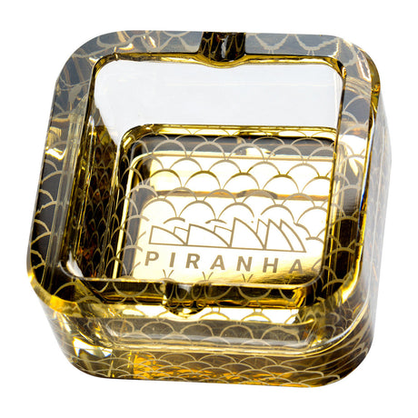 Piranha Glass Cube Ashtray with Gold Scales Pattern, Heavy Wall Borosilicate Glass