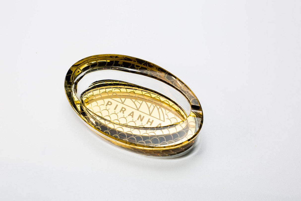 Piranha Glass Oval Slant Ashtray with Gold Accents - Top View
