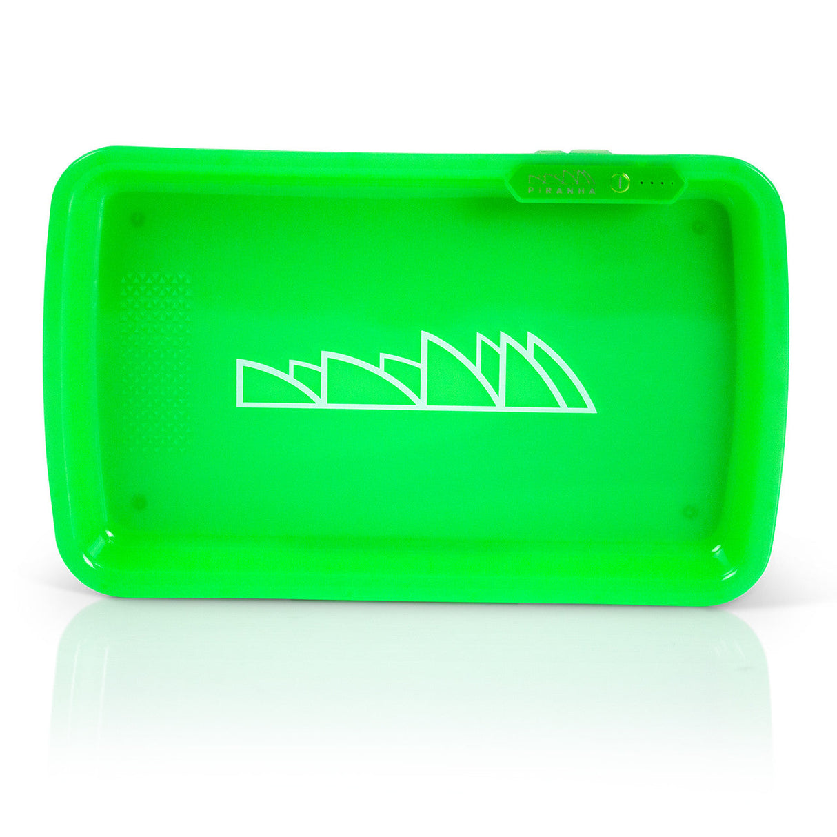 Piranha LED Rolling Tray in vibrant green, front view, illuminated with built-in LED lights