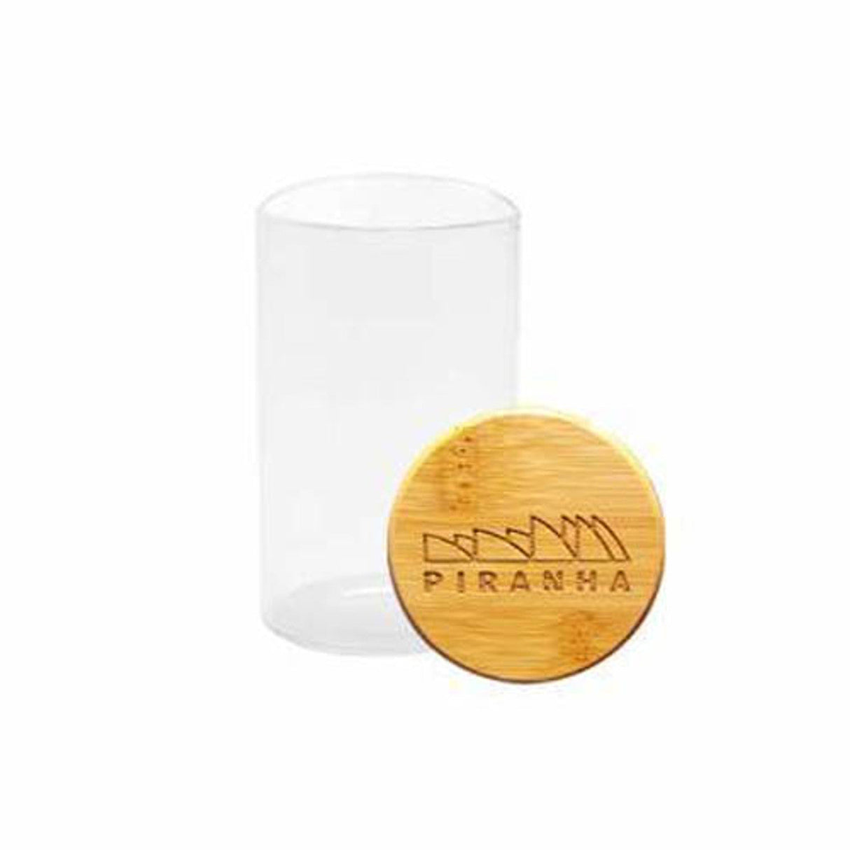 Piranha clear borosilicate glass storage jar with engraved bamboo lid, front view on white background