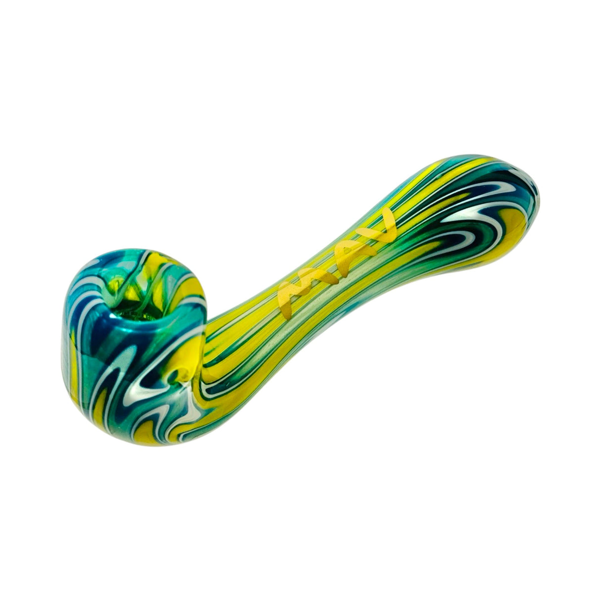 MAV Glass Wig Wag Golden 5β Sherlock Hand Pipe with Colored Swirls - Side View