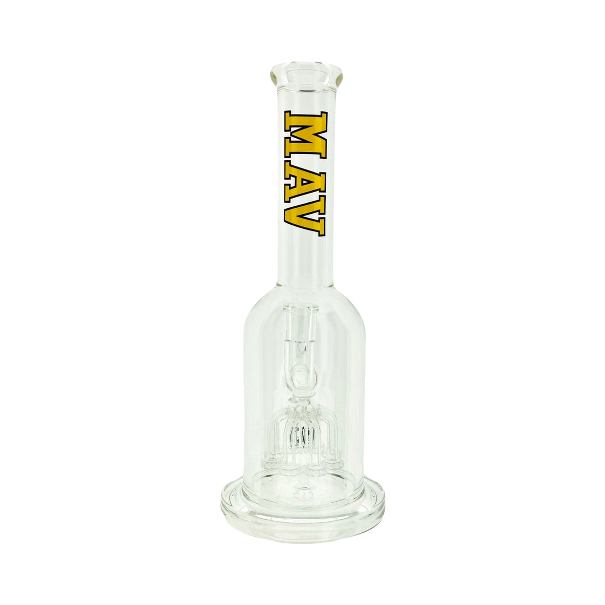 MAV Glass Octoperc Beast 14" shower perc bong, front view with gold MAV lettering on a clear glass tube
