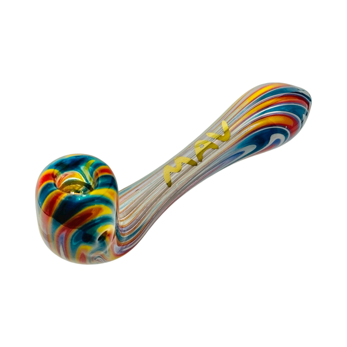 MAV Glass Wig Wag Golden 5β Sherlock Hand Pipe with Colorful Swirls, Side View