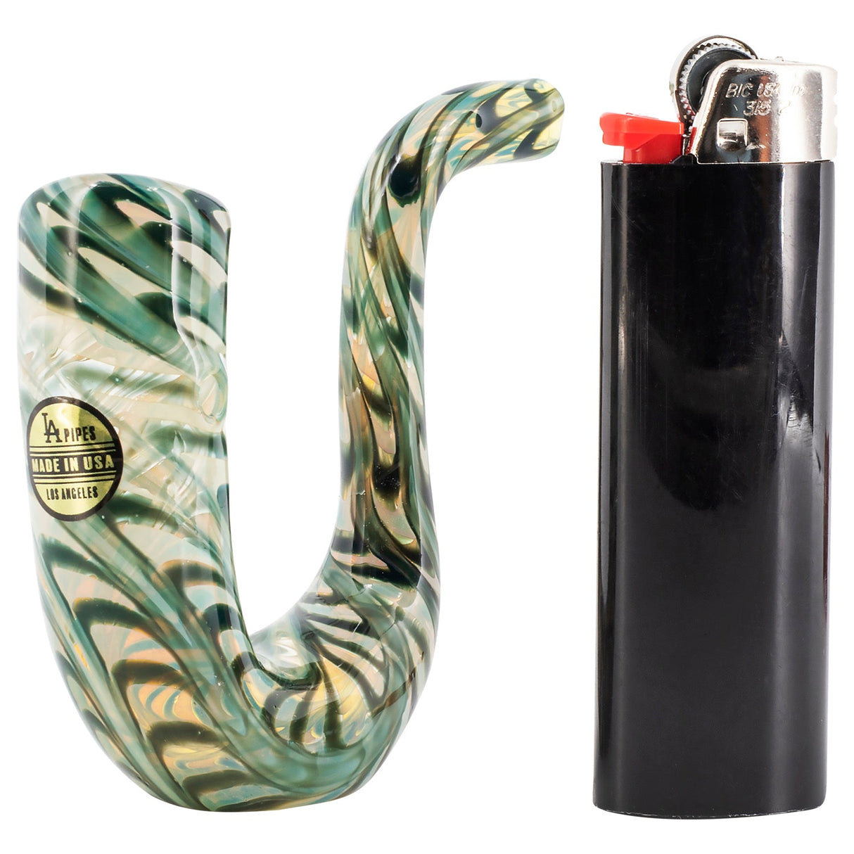 LA Pipes Pocket Sherlock Pipe in swirled green and blue colors beside a black BIC lighter