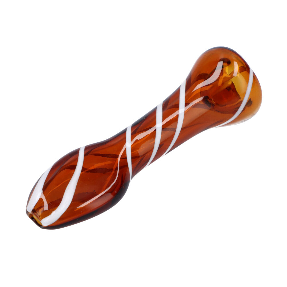 Amber Striped Glass Chillum Pipe, Pocket-Sized and Portable, Top View on White Background
