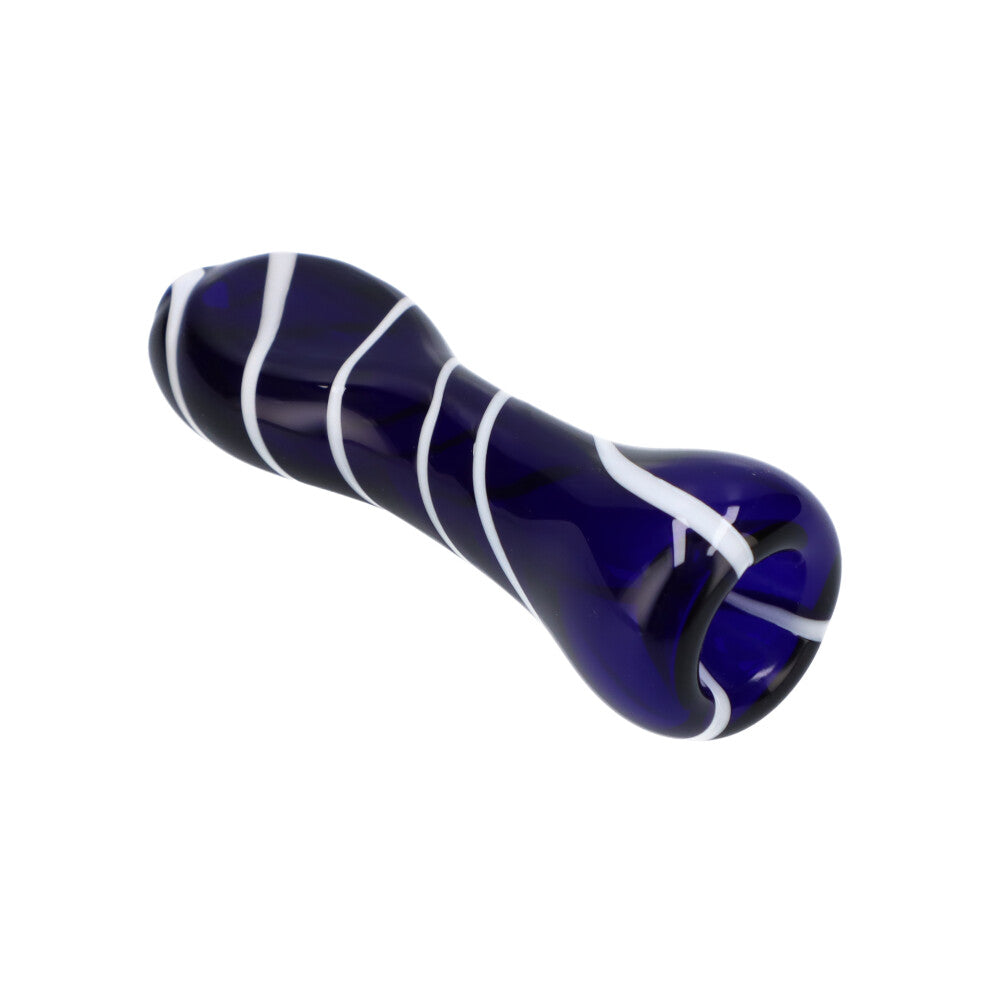 Compact Valiant Distribution pocket-sized striped glass chillum pipe in blue, ideal for dry herbs