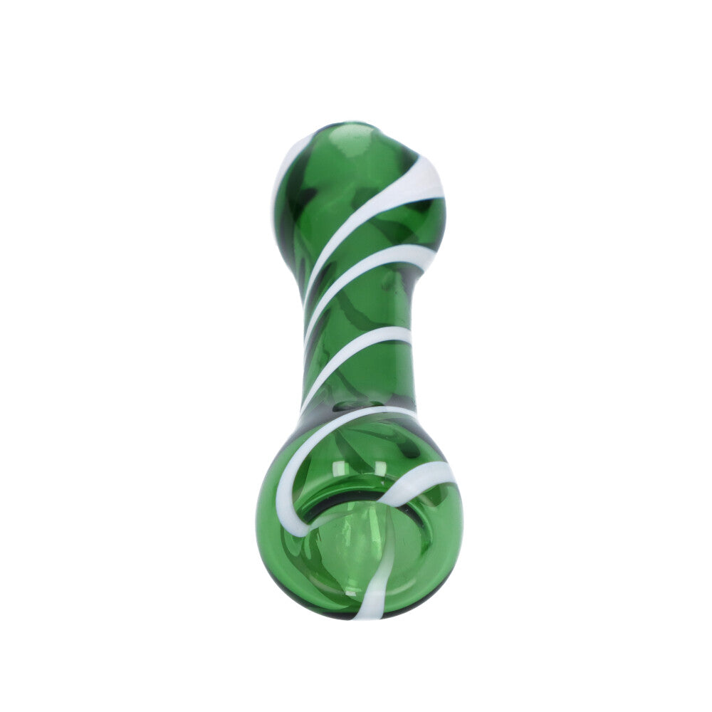 Compact green glass chillum pipe with white stripes, 3.25" borosilicate, portable one-hitter