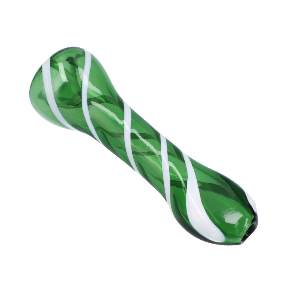 Compact striped green glass chillum pipe by Valiant Distribution, perfect for dry herbs, side view