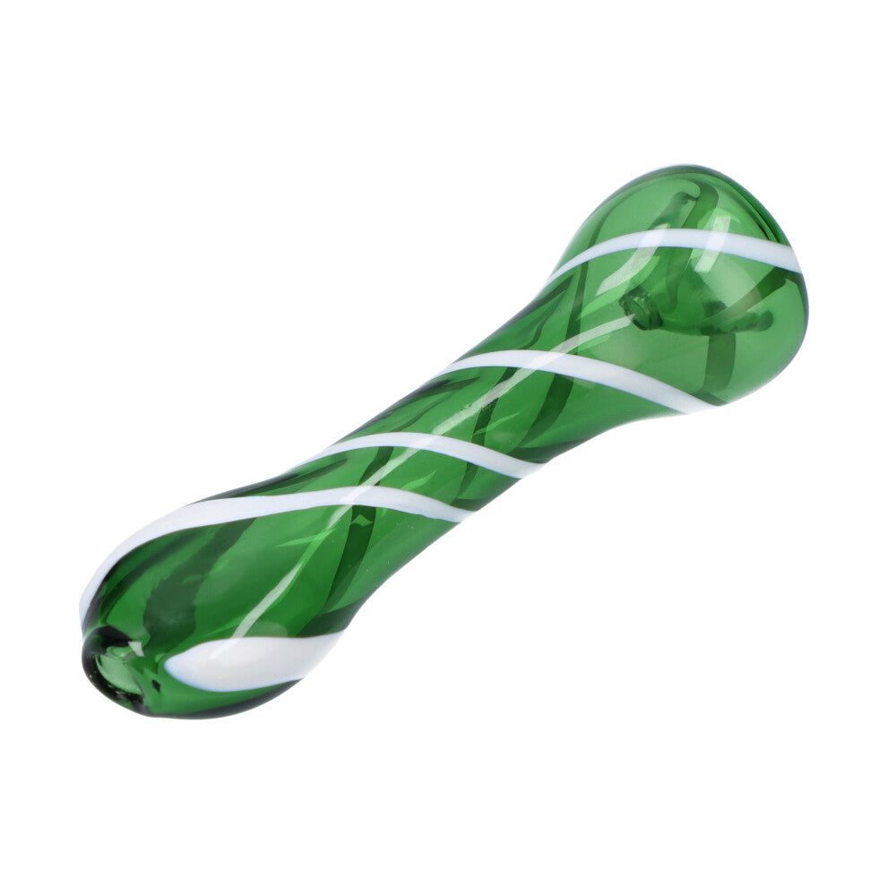 Compact green striped glass chillum pipe by Valiant Distribution, portable 3.25" size, side view