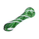 Compact green striped glass chillum pipe by Valiant Distribution, portable 3.25" size, side view