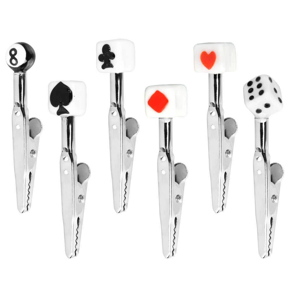Assorted Poker N Dice Glass Memo Clips set, 3-inch size with various designs, ideal for rolling accessories