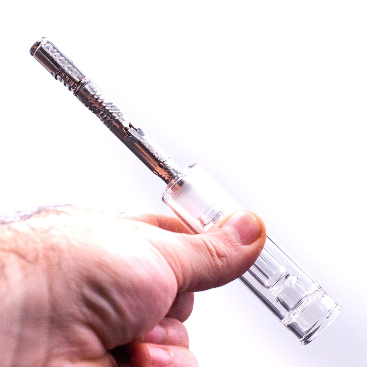 Hand-held Portable Glass Water Bubbler for DynaVap and Davinci IQ, clear with vaporizer attached