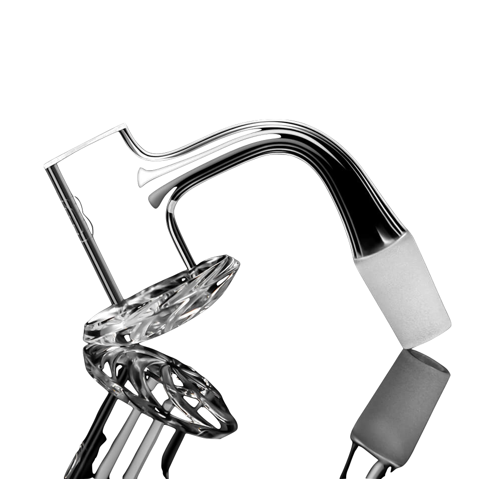 DANK BANGER Quartz Centrifuge Banger, 14mm 90°, Beveled Edge, Lab-Tested, on Black Background