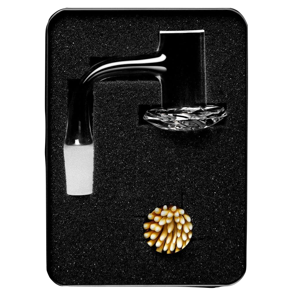 DANK BANGER Quartz Centrifuge Banger with Beveled Edge, 14mm 90° angle, lab-tested, on black background