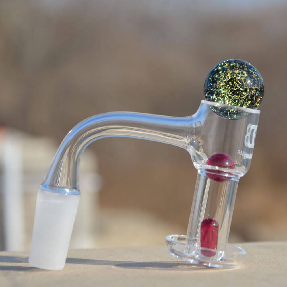 Dank Banger Quartz Terp Slurper Combo Set with Ruby Insert, 25mm, Side View on Natural Background