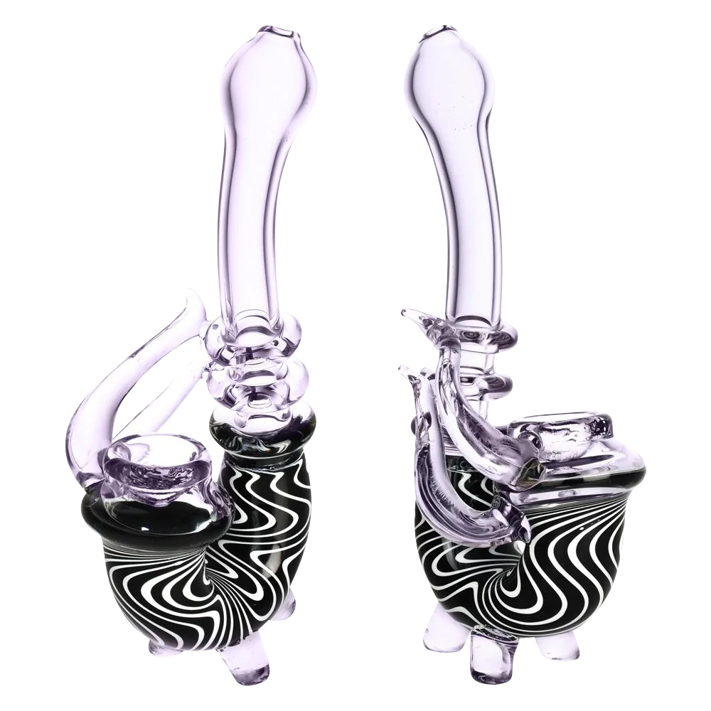 Psychedelic Black and White Waves Borosilicate Glass Sherlock Pipe for Dry Herbs, 7-inch