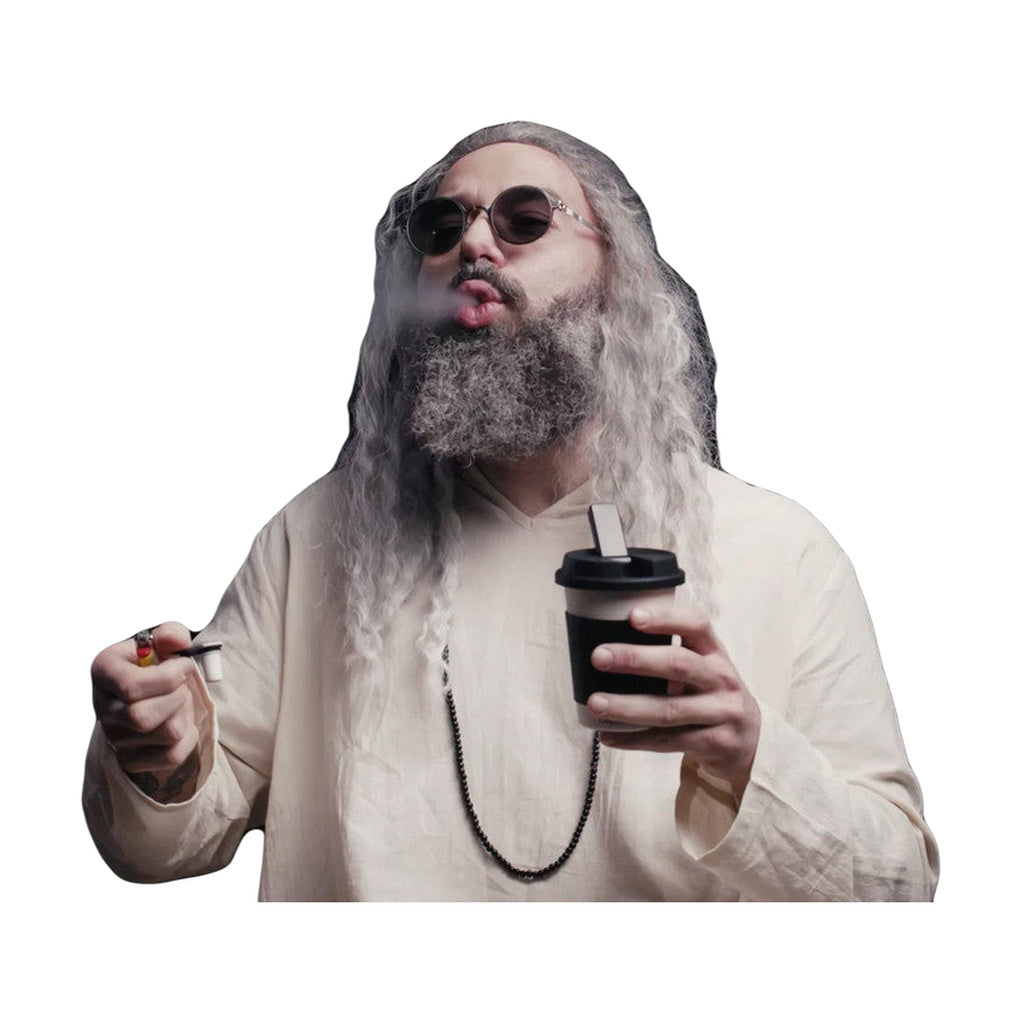 Man holding Puffco Cupsy coffee cup water pipe, regular variant, with visible smoke