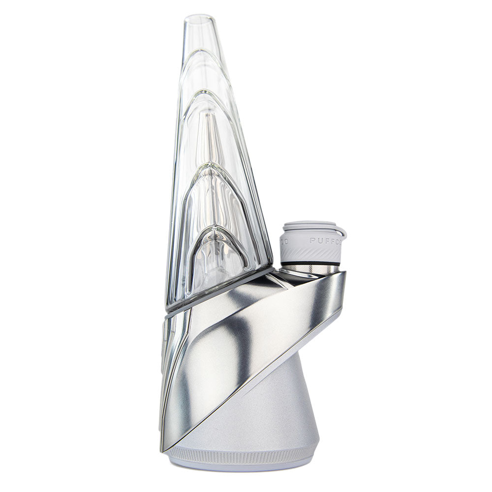 Puffco Guardian Peak Pro Smart Rig for concentrates, sleek silver design, side view on white background