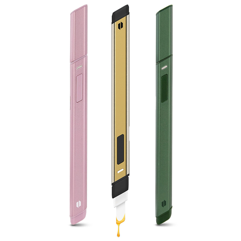 Puffco Hot Knife Electronic Heated Loading Tools in pink, gold, and green, side view on white background