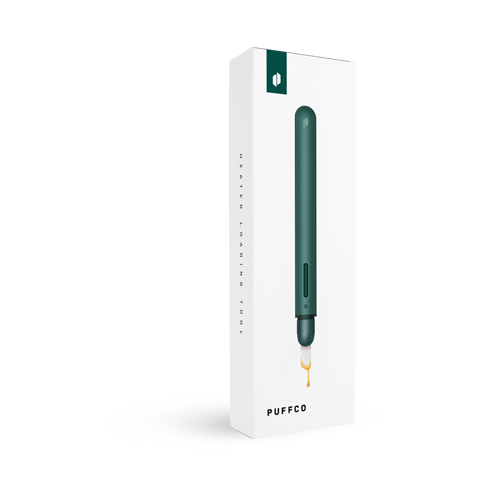 Puffco Pine heated dab loading tool shown with its secure cap that fits over the glazed ceramic tip