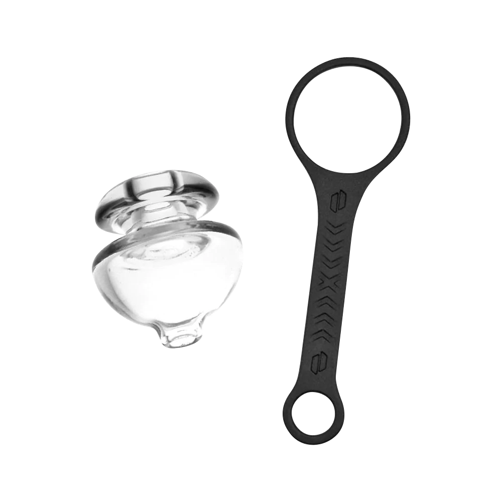 Puffco Peak transparent color ball carb cap with black tether on white background