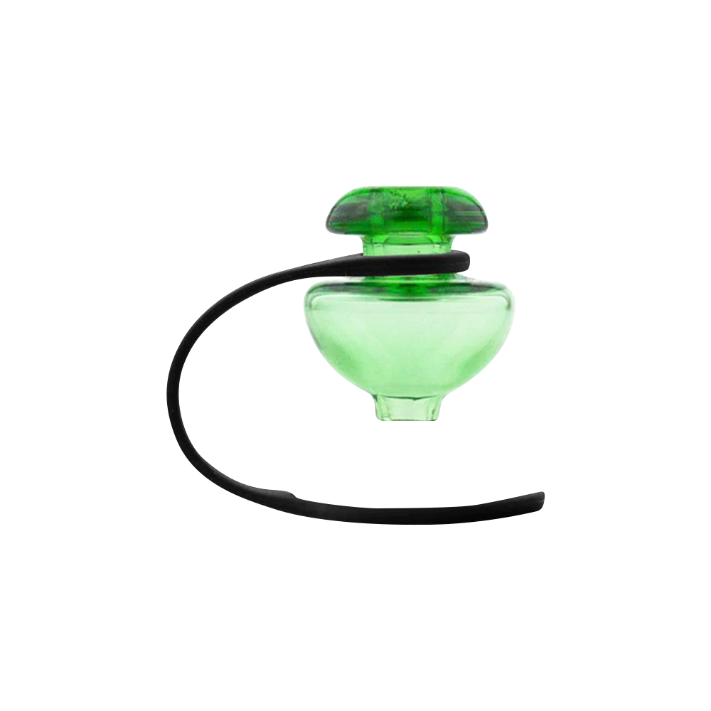 Puffco Peak green color ball carb cap and tether, top view on a white background