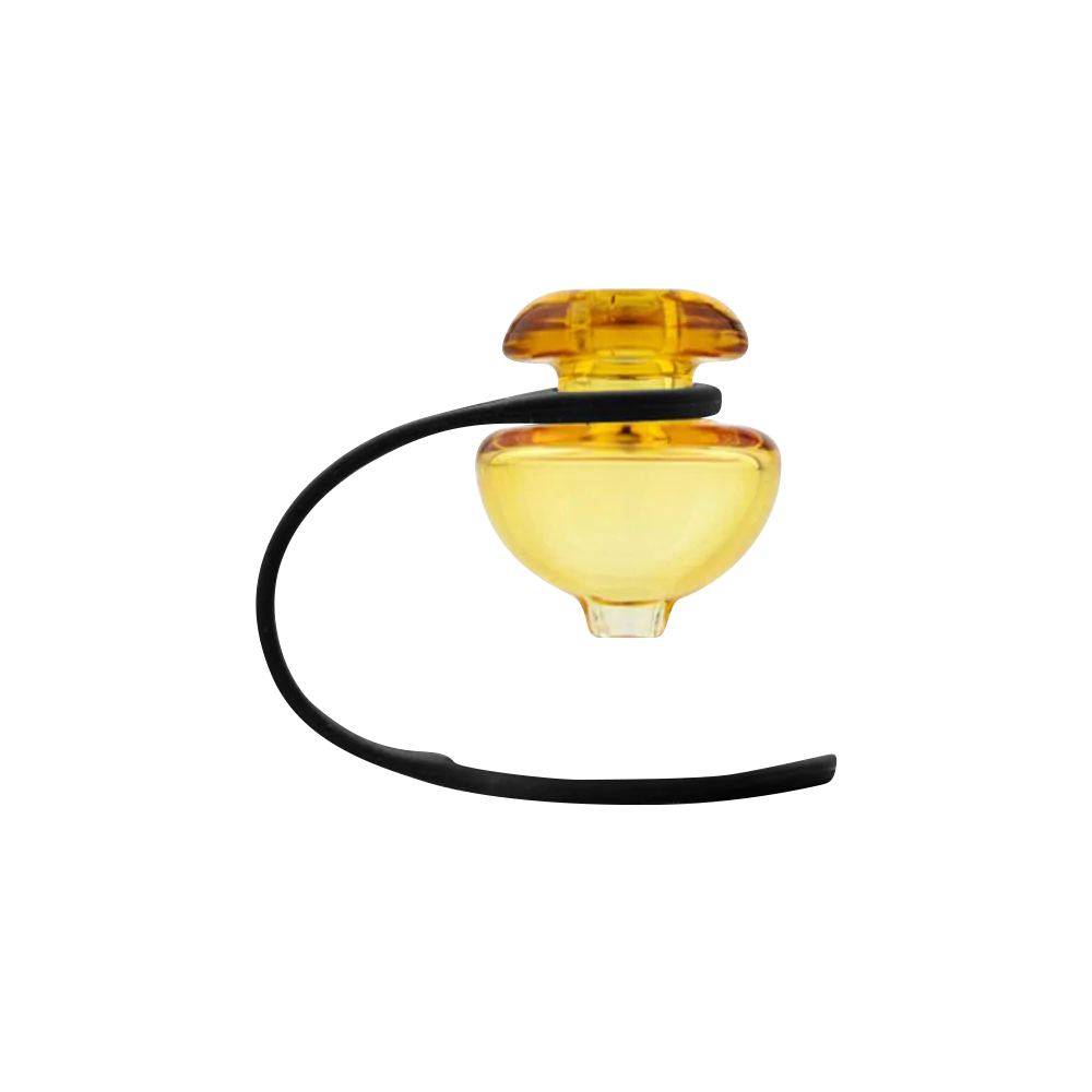 Puffco Peak amber-colored ball carb cap with tether on seamless white background