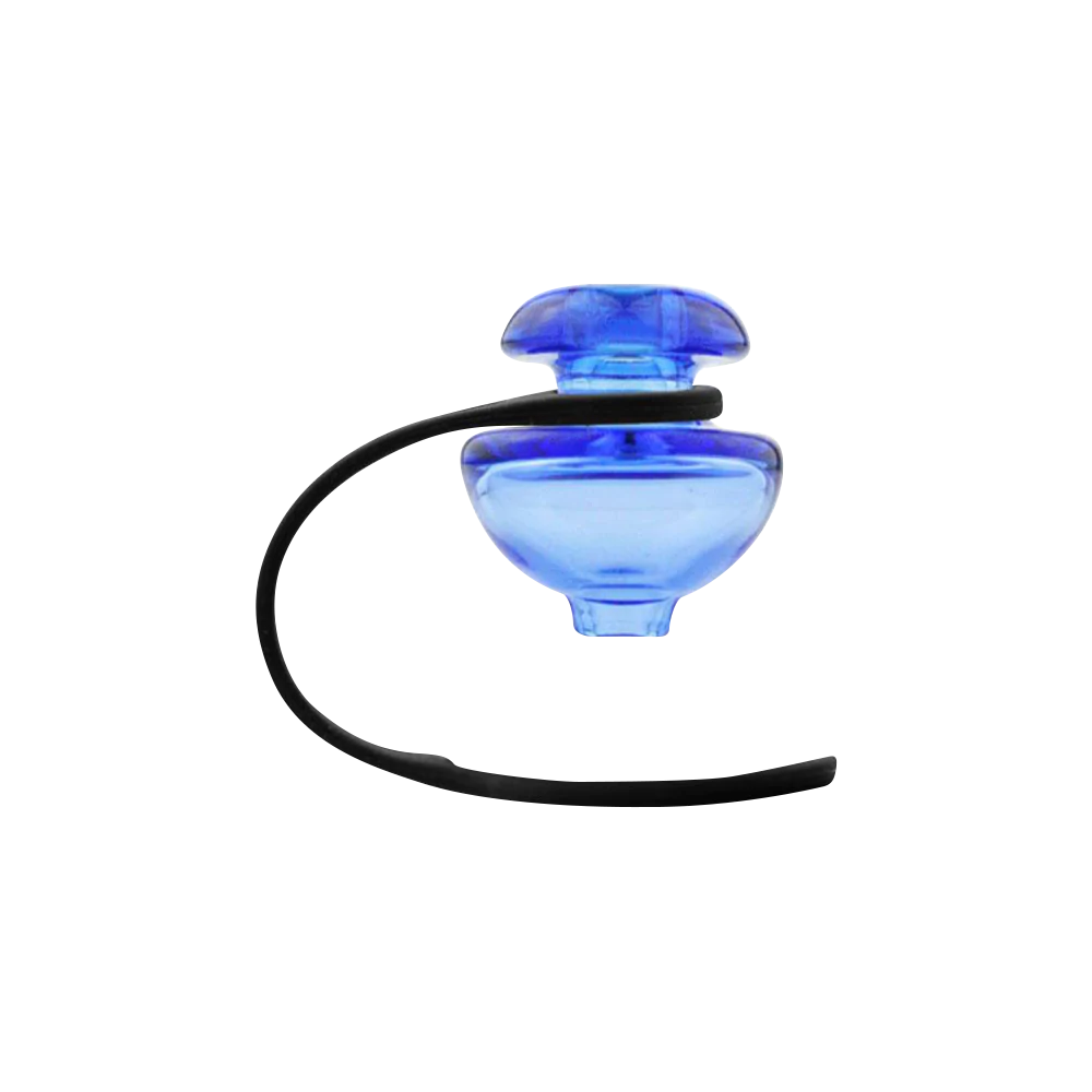 Puffco Peak blue color ball carb cap with tether on a seamless white background