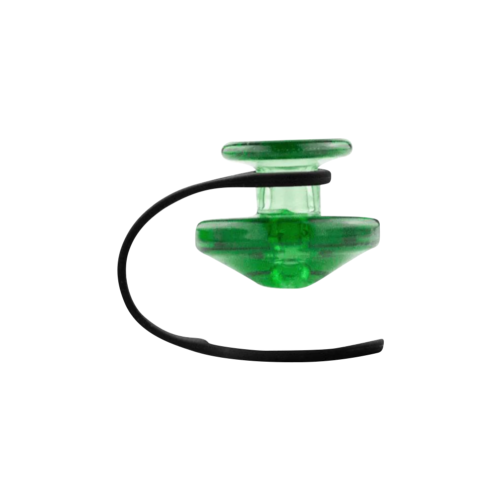 Puffco Peak green carb cap and tether for vaporizers, close-up side view on white background