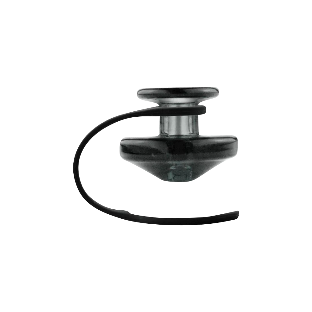 Puffco Peak black color carb cap and tether close-up on a seamless white background