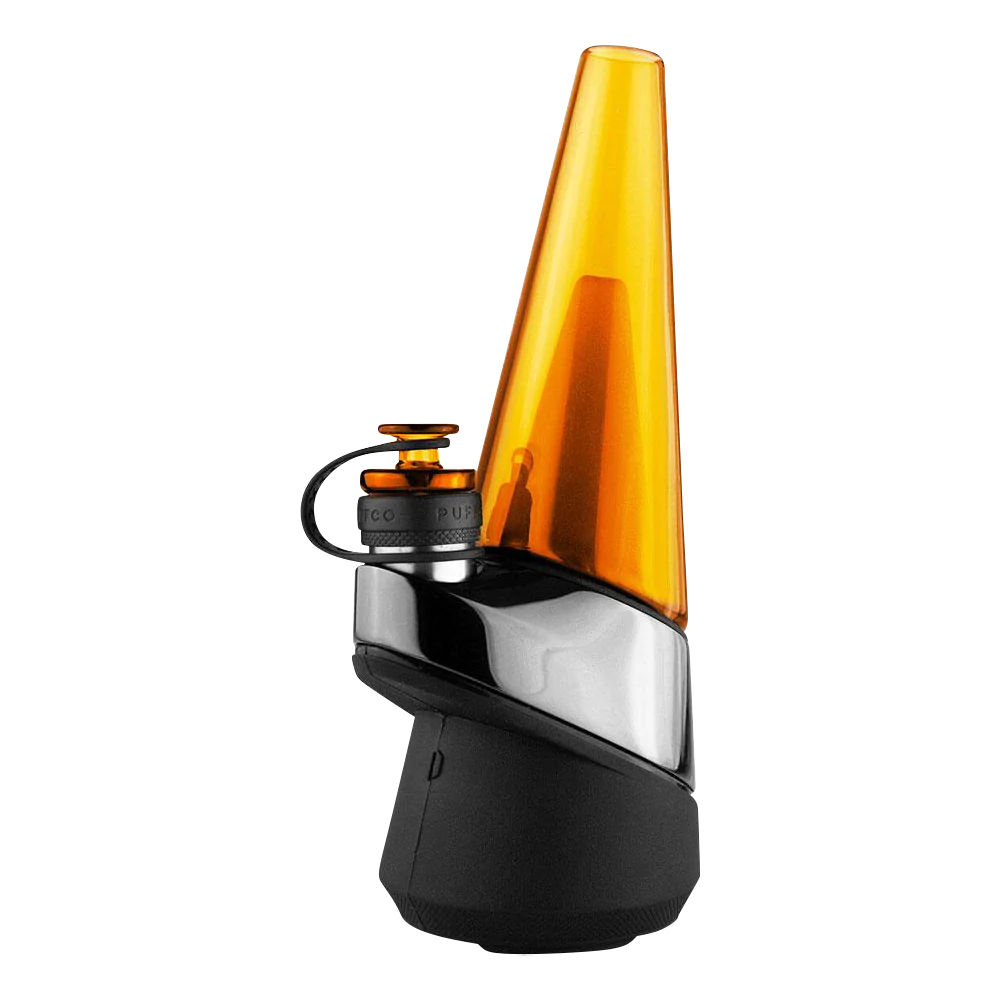 Puffco Peak Amber Glass Attachment for E-Rig, Side View on Seamless White Background