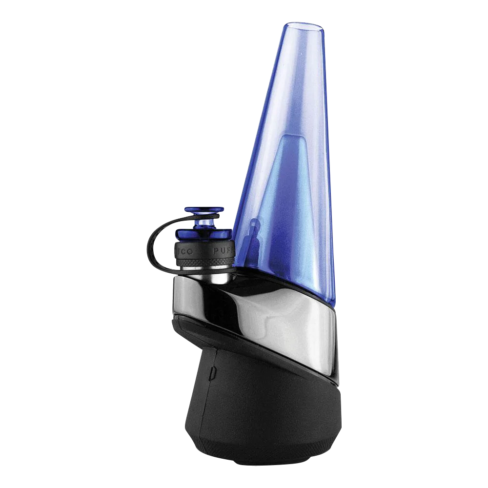 Puffco Peak Colored Glass Attachment in blue, side angle, for vaporizers, borosilicate glass