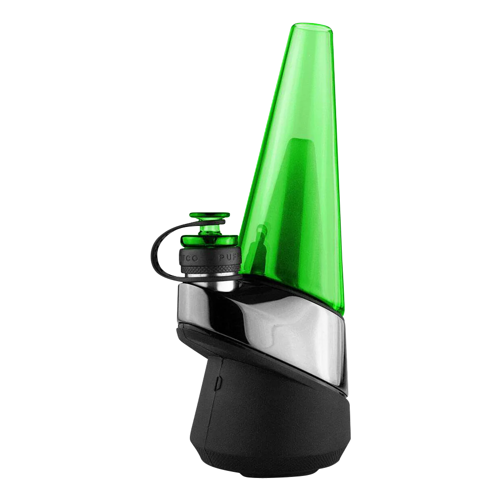 Puffco Peak Green Borosilicate Glass Attachment for E-Rig, Side View on White Background
