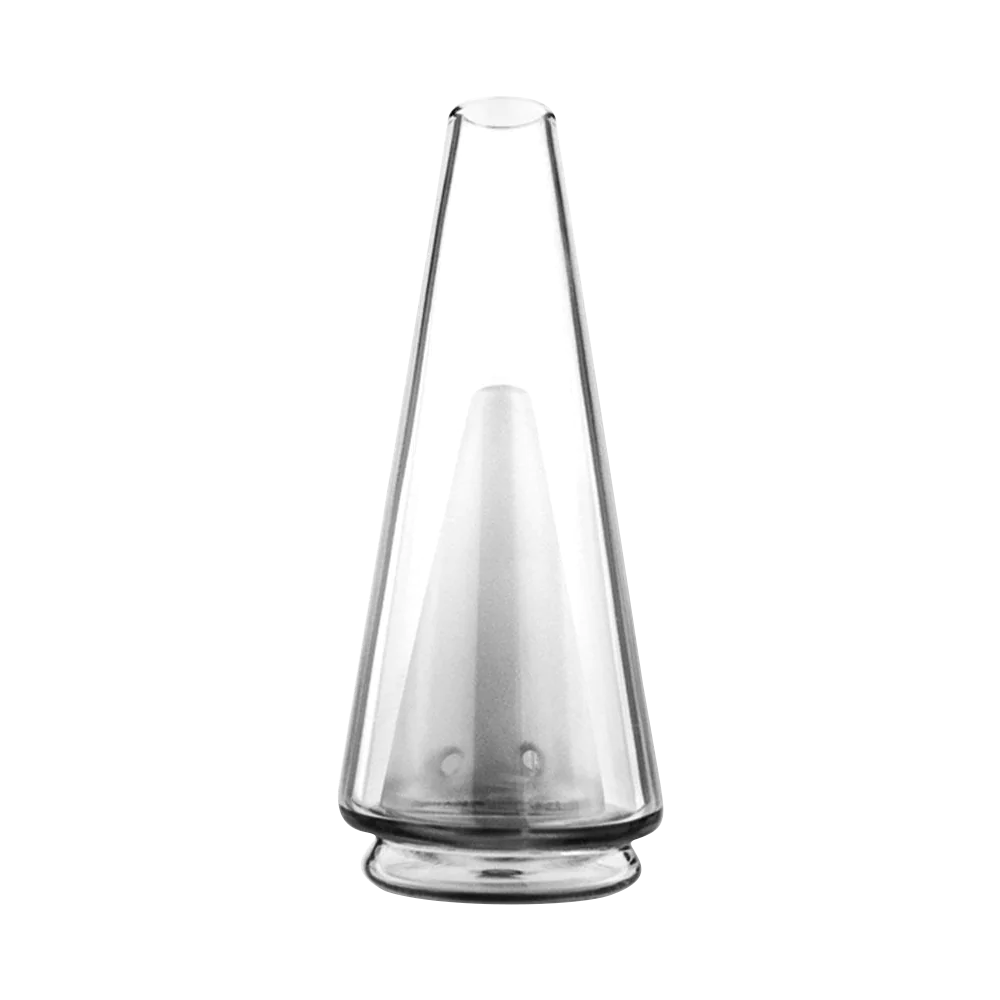 Puffco Peak clear borosilicate glass attachment for vaporizers, front view on white background
