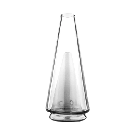 Puffco Peak clear borosilicate glass attachment for vaporizers, front view on white background