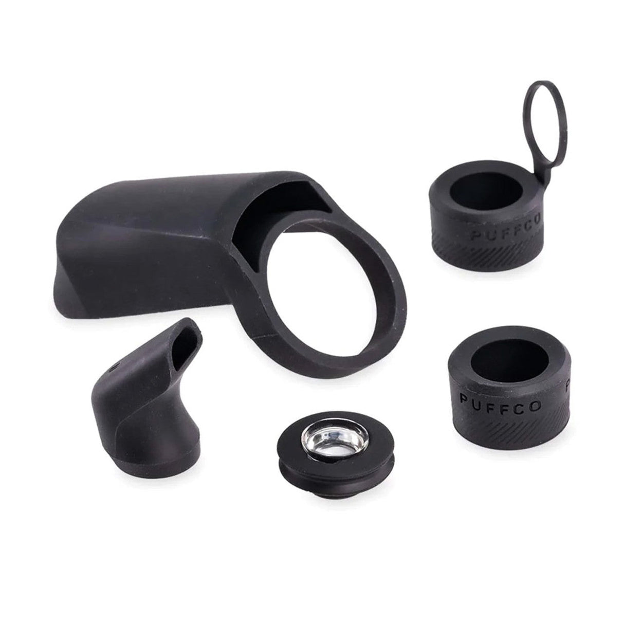 Puffco Peak Pro Travel Pack V2 accessories in black silicone displayed on white background