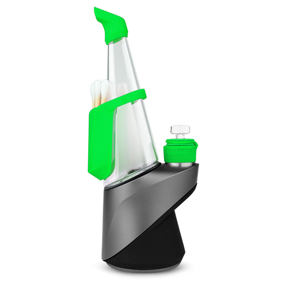 Puffco Peak Pro Travel Pack V2 in Green with Ball Carb Cap, Silicone Cover, and Side View