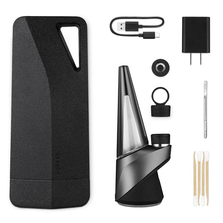 Puffco Peak Pro Vaporizer in Black with accessories and carrying case, top view