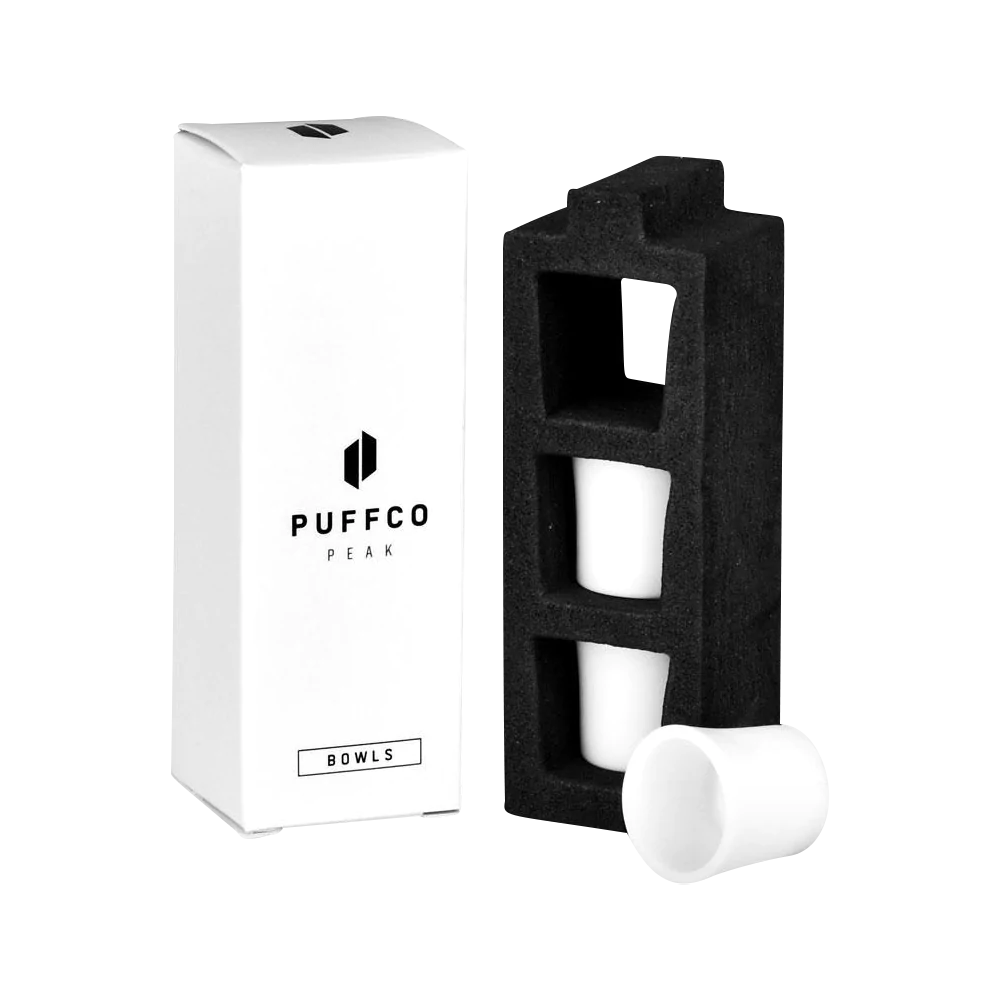 Puffco Peak 3-Pack Ceramic Bowls for Vaporizers, front view with packaging and foam insert