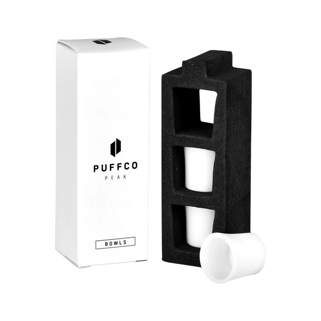 Puffco Peak 3-Pack Ceramic Bowls for Vaporizers, front view with packaging and foam insert
